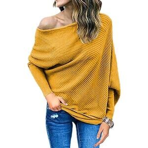 Qearal Off Shoulder Batwing Sleeve Knit Sweater Pullover Top Mustard Yellow XL